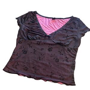 Y2K Black Floral Mesh Overlay Pink Lined V Neck Baby Tee Women's Size M